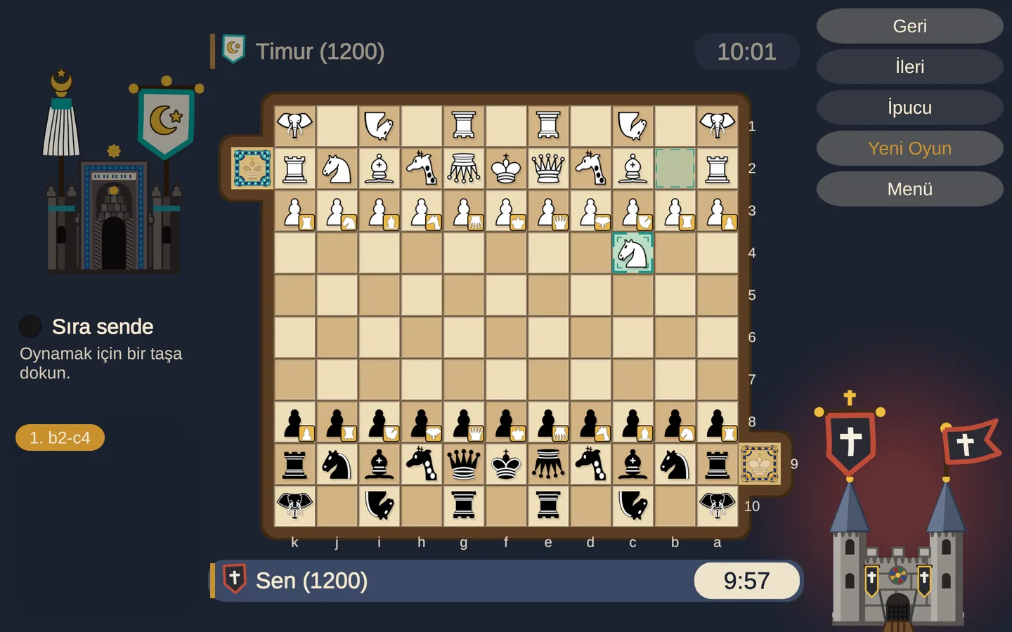 Chess of Timur: 11×10 tahta, iki yanda Türk hisarı ve Haçlı kalesi
